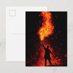 Man Holding Massive Fire Torch Dramatic Silhouette Postcard