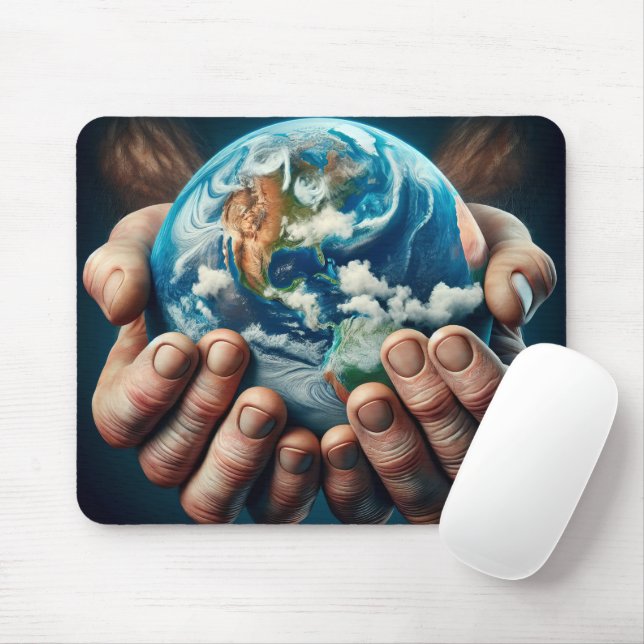 Man Holding Planet Earth Mouse Mat (With Mouse)