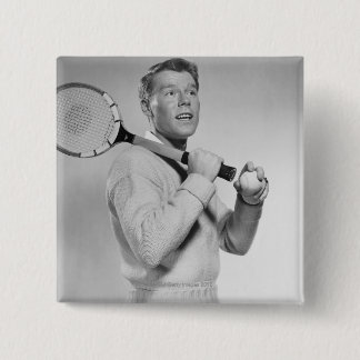 Man Holding Tennis Racket 15 Cm Square Badge
