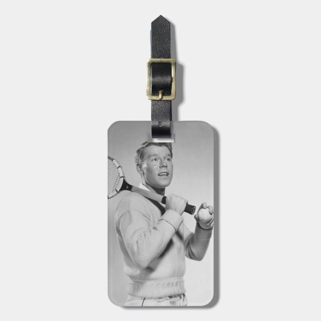 Man Holding Tennis Racket Luggage Tag (Front Vertical)