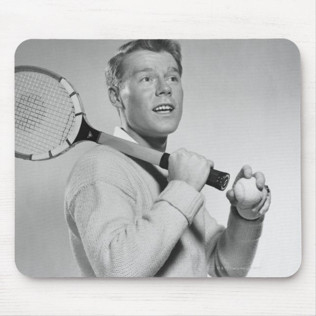 Man Holding Tennis Racket Mouse Mat (Front)