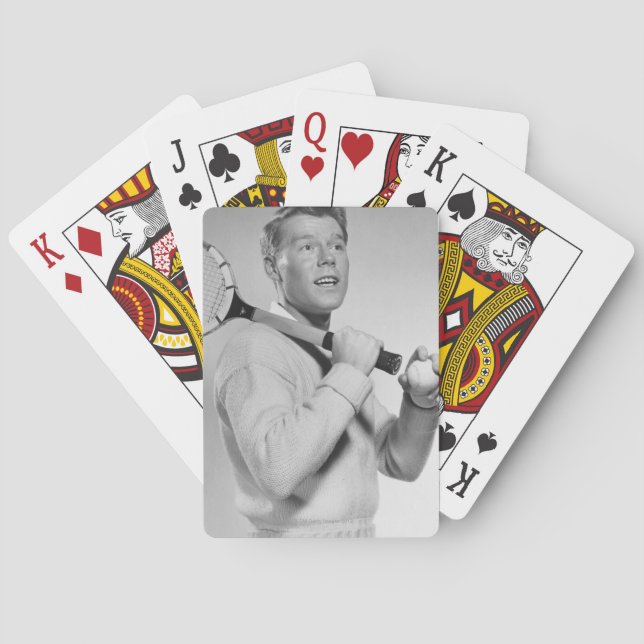 Man Holding Tennis Racket Playing Cards (Back)