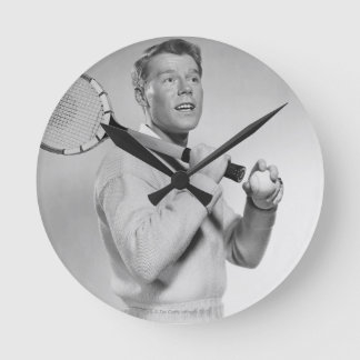 Man Holding Tennis Racket Round Clock
