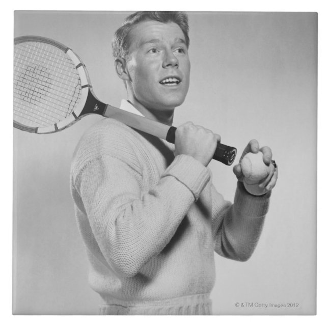 Man Holding Tennis Racket Tile (Front)