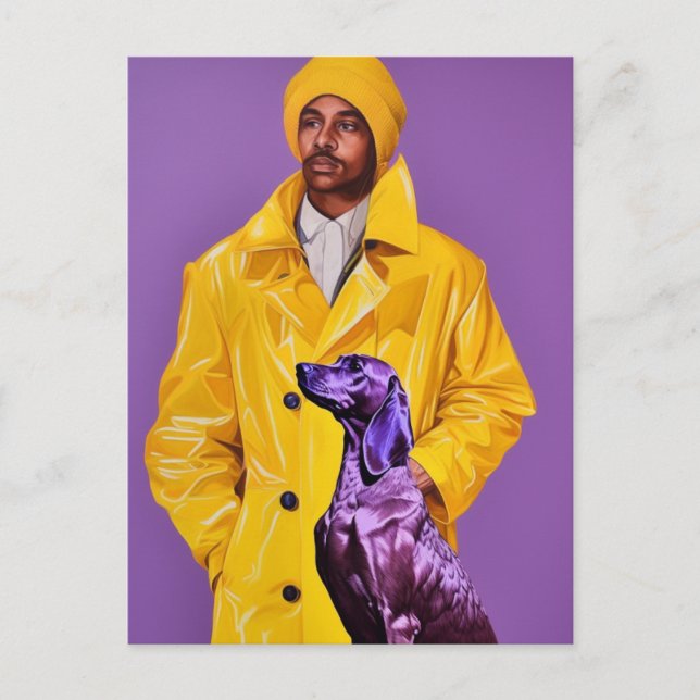 Man in a Yellow Raincoat with a Purple Dog Postcard (Front)