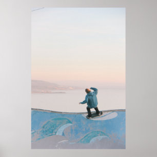 Man in blue skateboarding on wall in beach poster