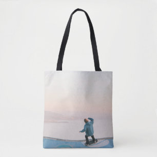 Man in blue skateboarding on wall in beach tote bag