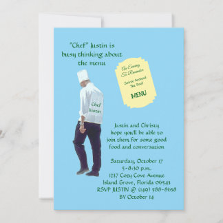 Man In Chef Hat and Jacket Planning Menu Invitation