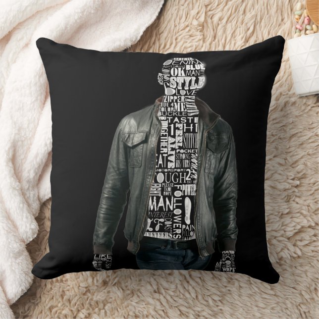 Man in Leather Jacket & Jeans Black White Cushion (Blanket)