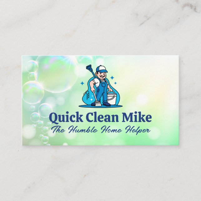 Man in Overalls with Cleaning Supplies  Business Card (Front)
