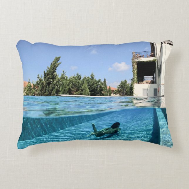 Man in swimming pool in the morning decorative cushion (Front)