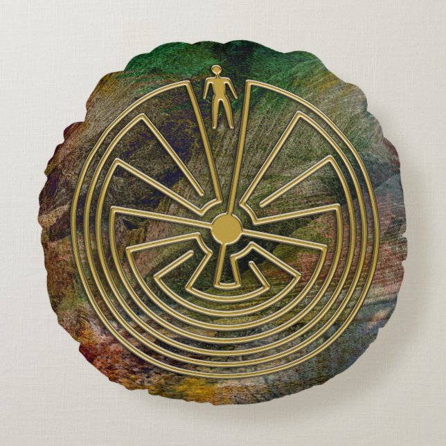 MAN IN THE MAZE gold + your background Round Cushion (Front)