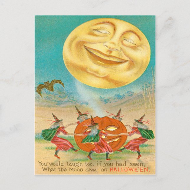 Man In The Moon Bat Witch Jack O Lantern Postcard (Front)