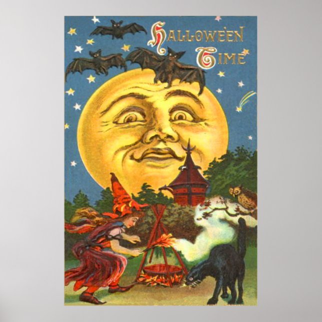 Man In The Moon Black Cat Witch Bat Full Moon Owl Poster (Front)