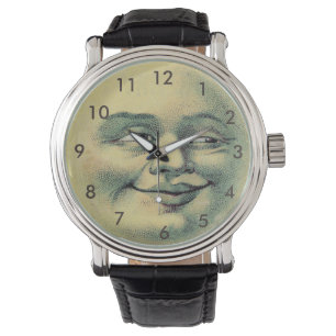 Man in the Moon Watch-Vintage Leather Black Strap Watch