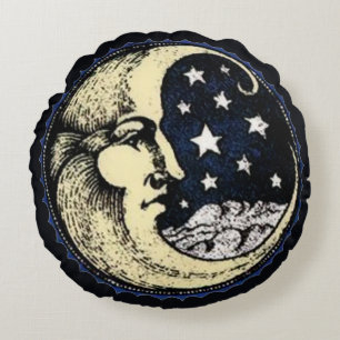 Man In the Moon With Stars Round Pillow