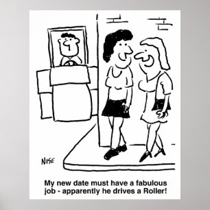 Man is Driving a Road Roller Funny Cartoon Poster