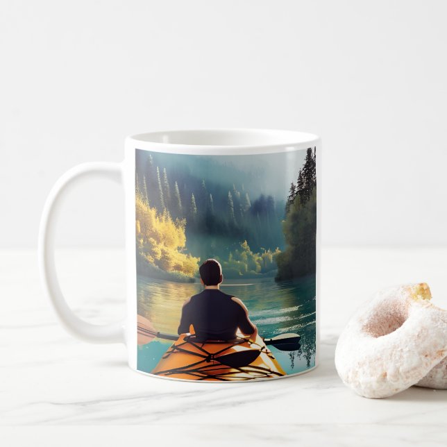 Man Kayaking on a lake surrounded by Trees  Coffee Mug (With Donut)