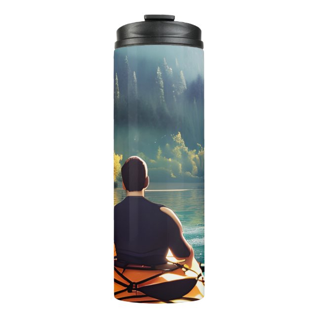 Man Kayaking on a lake surrounded by Trees  Thermal Tumbler (Front)