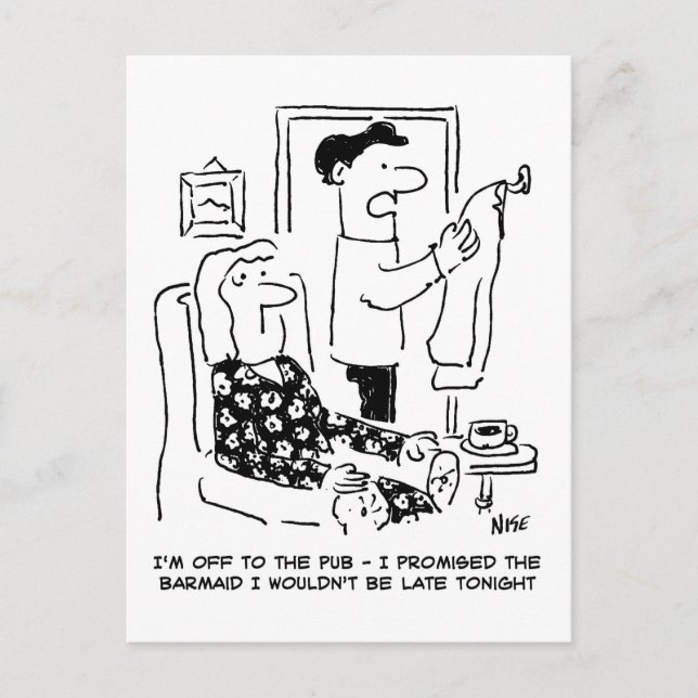 Man Leaves House for Pub Cartoon Postcard (Front)