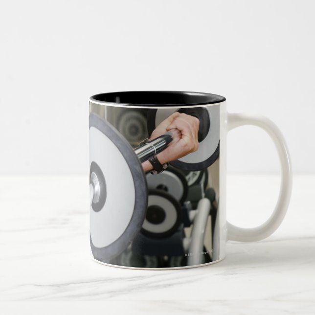 Man lifting weights in gym 2 Two-Tone coffee mug (Right)