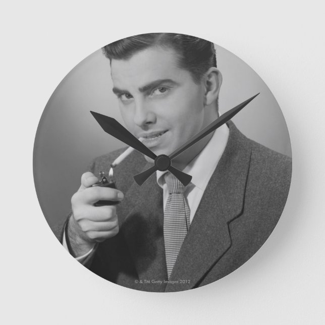 Man Lighting Cigaret Round Clock (Front)