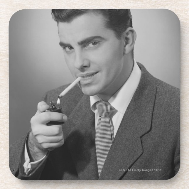 Man Lighting Cigarette Coaster (Front)