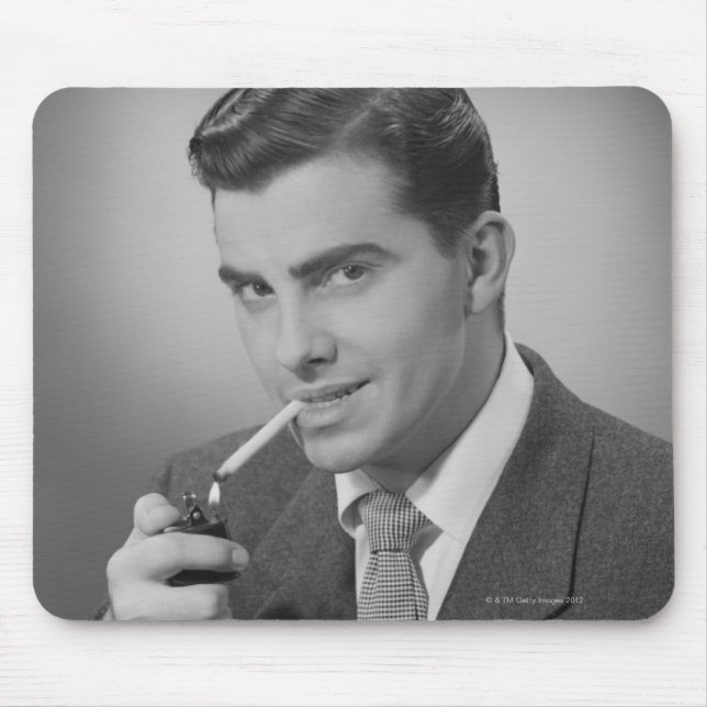 Man Lighting Cigarette Mouse Mat (Front)