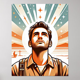 Man Looking Up To Heaven colour illustration art Poster