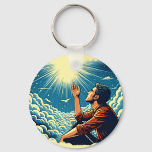 Man looking up to heaven TALKING TO gOD Key Ring