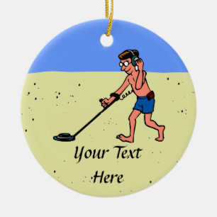Man Metal Detecting Beach Ceramic Tree Decoration
