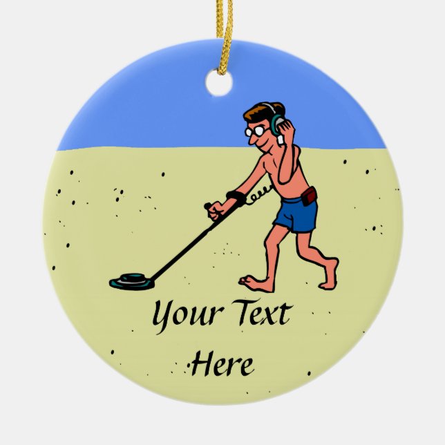 Man Metal Detecting Beach Ceramic Tree Decoration (Front)