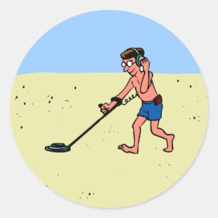 Man Metal Detecting On Beach Classic Round Sticker