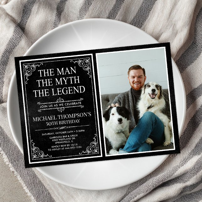Man Myth Legend Black 50th Birthday Photo Invitation (Creator Uploaded)