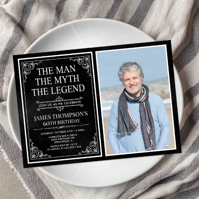 Man Myth Legend Black 60th Birthday Photo Invitation (Creator Uploaded)