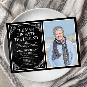 Man Myth Legend Black 65th Birthday Photo Invitation