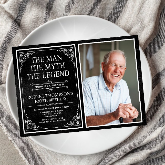 Man Myth Legend Black Surprise 100th Birthday Invitation (Creator Uploaded)