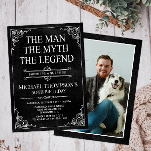Man Myth Legend Black Surprise 50th Birthday Photo Invitation