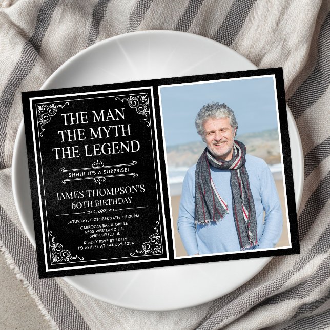 Man Myth Legend Black Surprise 60th Birthday Photo Invitation (Creator Uploaded)