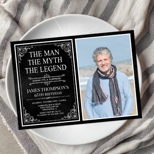Man Myth Legend Black Surprise 65th Birthday Photo Invitation (Creator Uploaded)