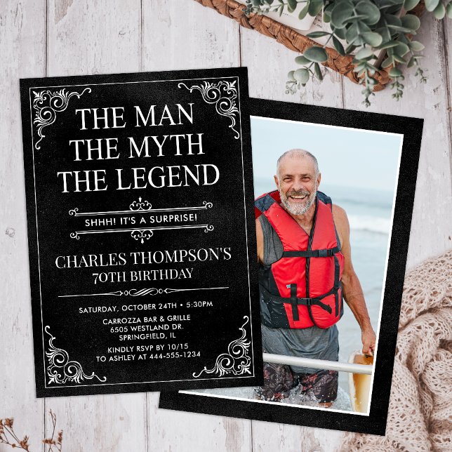 Man Myth Legend Black Surprise 70th Birthday Photo Invitation (Creator Uploaded)
