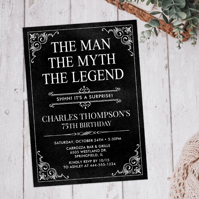 Man Myth Legend Black Surprise 75th Birthday Invitation (Creator Uploaded)