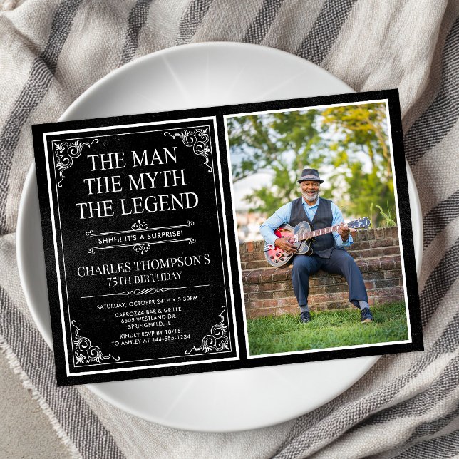 Man Myth Legend Black Surprise 75th Birthday Photo Invitation (Creator Uploaded)