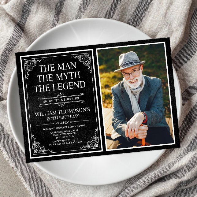 Man Myth Legend Black Surprise 80th Birthday Photo Invitation (Creator Uploaded)