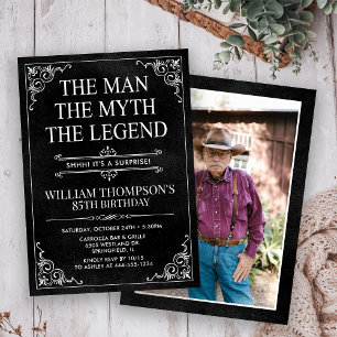 Man Myth Legend Black Surprise 85th Birthday Photo Invitation