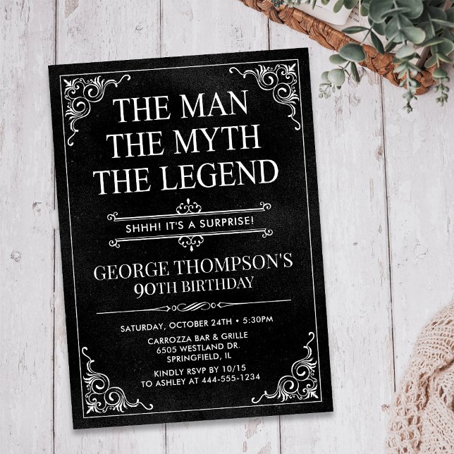 Man Myth Legend Black Surprise 90th Birthday Invitation (Creator Uploaded)