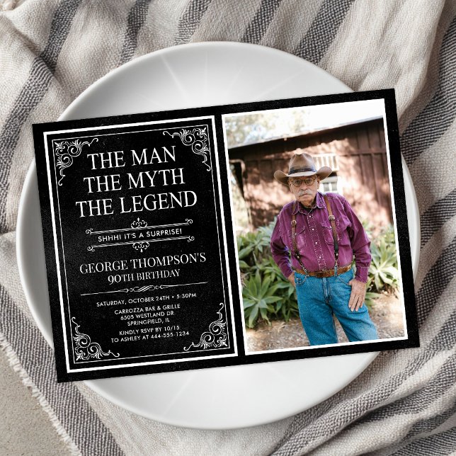 Man Myth Legend Black Surprise 90th Birthday Photo Invitation (Creator Uploaded)