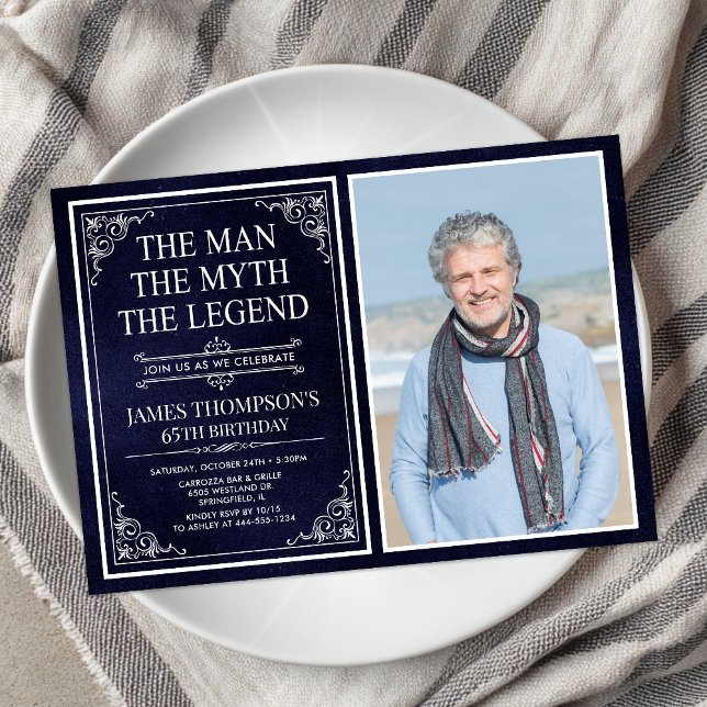 Man Myth Legend Blue 65th Birthday Photo Invitation (Creator Uploaded)