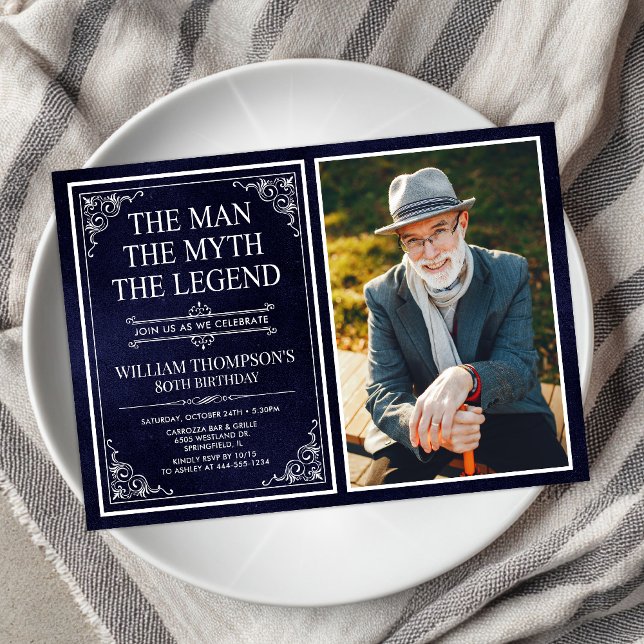 Man Myth Legend Blue 80th Birthday Photo Invitation (Creator Uploaded)