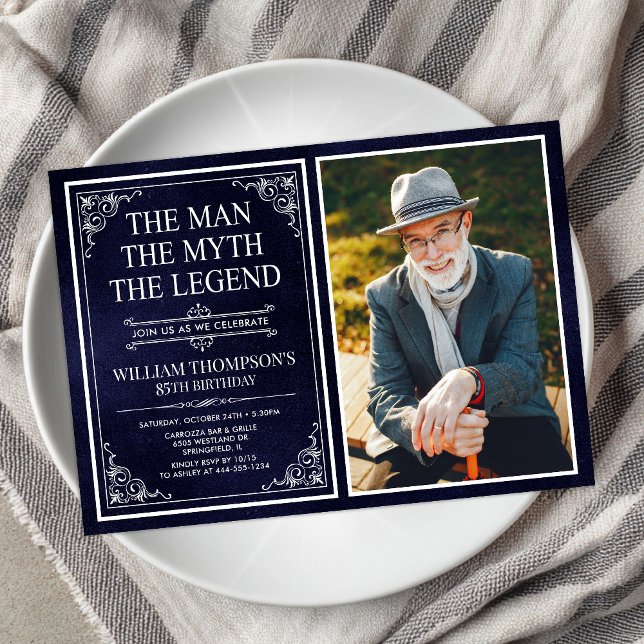 Man Myth Legend Blue 85th Birthday Photo Invitation (Creator Uploaded)